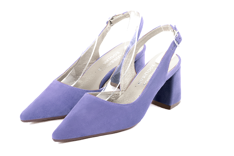 , coloris violet lavande. Bout pointu. Mi-haut à haut. Talon évasé. Cérémonie, soirée, cocktail, évènementiel. Personnalisation : Choix des cuirs, 
                des couleurs et des talons. Petites et grandes pointures. - Florence KOOIJMAN